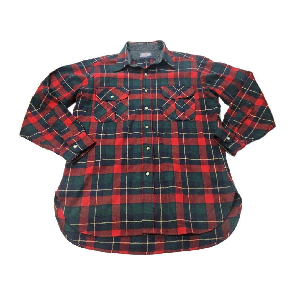 1970s Pendleton Wool Flannel Shirt Men's Size Large Red Green Plaid Board Shirt